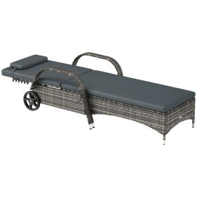 Outdoor Chaise Lounge, 5-Level Adjustable Backrest Rattan Pool Lounge Chair with Wheels, Cushion & Headrest, Black