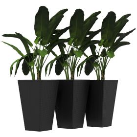 Rattan-Style Plastic Planters with Drainage Holes, Set of 3 - 24 Inch Height, Black