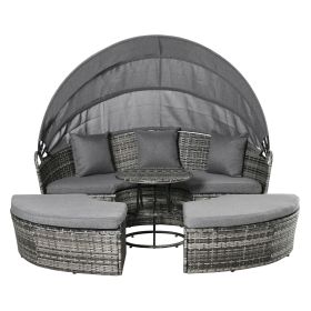 4 Pieces Patio PE Wicker Lounge Set, Rattan Garden Conversation Furniture Set, Round Sofa Bed with Canopy, Cushioned, Coffee Table, Grey