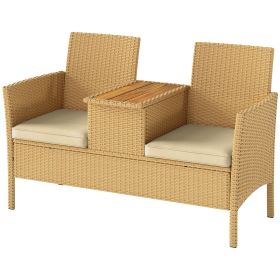 Patio Sofa Wicker Loveseat with Built-in Flip-Top Coffee Table and Cushions for Balcony, Garden, Lawn, Backyard, Khaki
