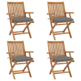 Garden Chair Set of 4 Grey, Teak Teak wood, Polyester fabric