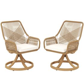 Patio Swivel Chairs Set of 2, Rattan Patio Dining Chairs with Soft Cushions for Backyard, Lawn, Porch, or Garden, Khaki