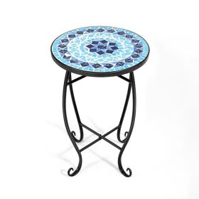 14 Inch Mosaic Round Side Table Plant Stand for Patio Lawn Garden (Color: Blue)